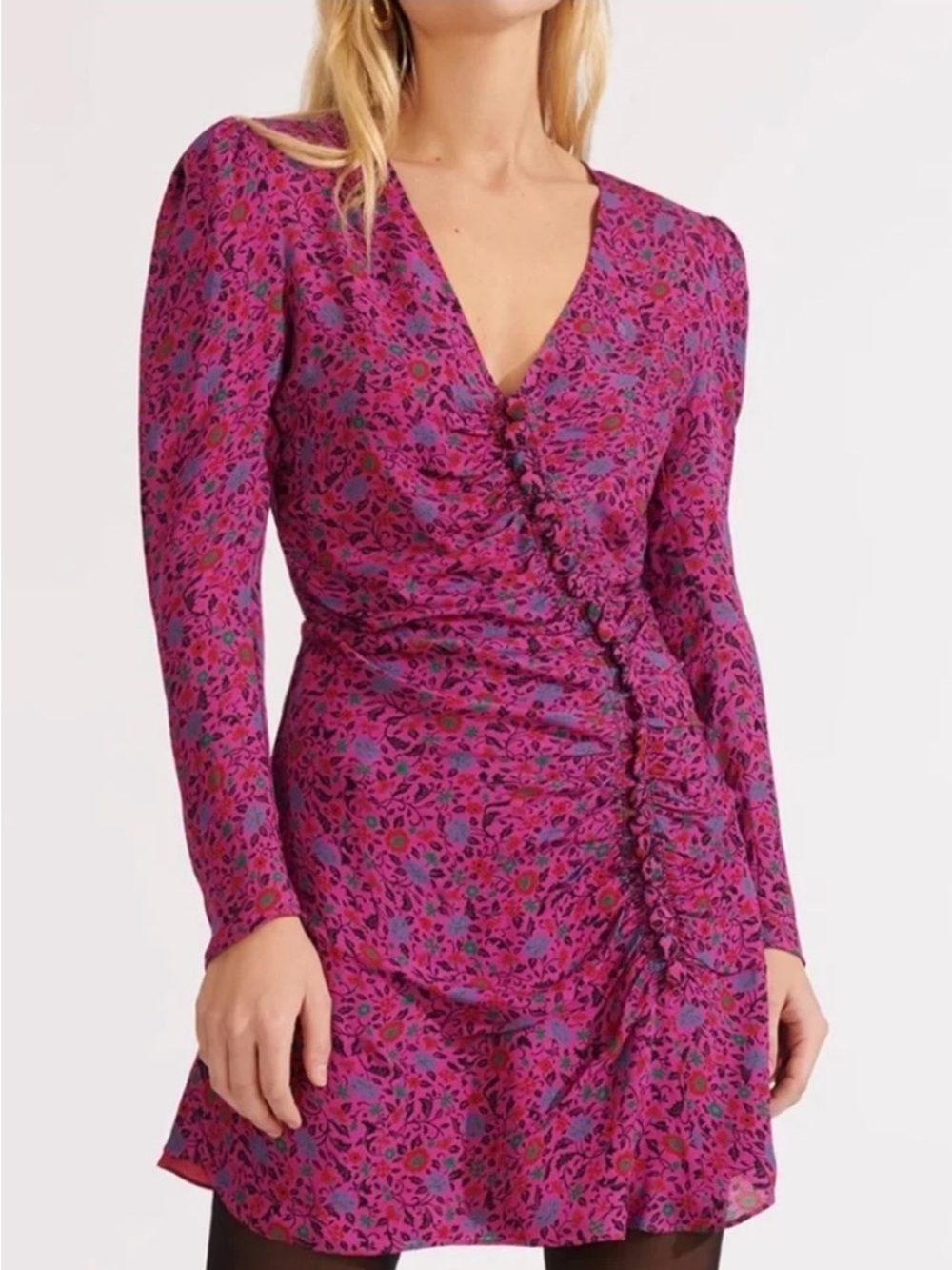 Veronica Beard Silk Verona Dress Floral Fuschia Purple Button Front Size 12 NEW